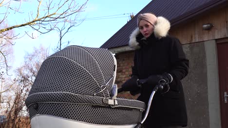 mother with baby carriage stand in windy countryside environment near cottage