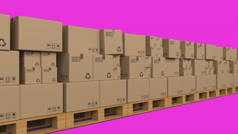 animación de cajas de cartón en una tabla de madera contra un fondo rosa