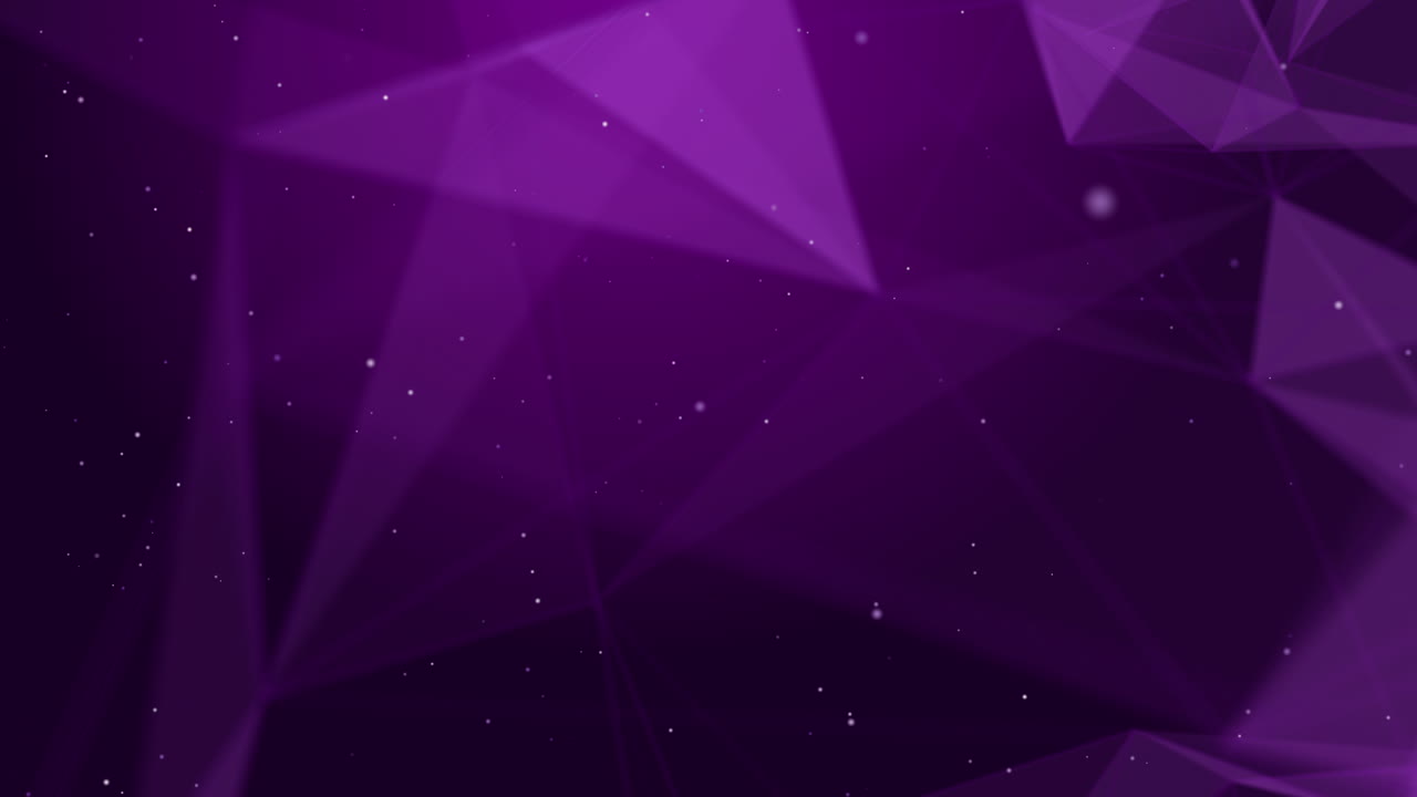 Dark purple polygon abstract animation. Geometric shapes, triangles and lines move chaotically. Floating small particles. Loop.