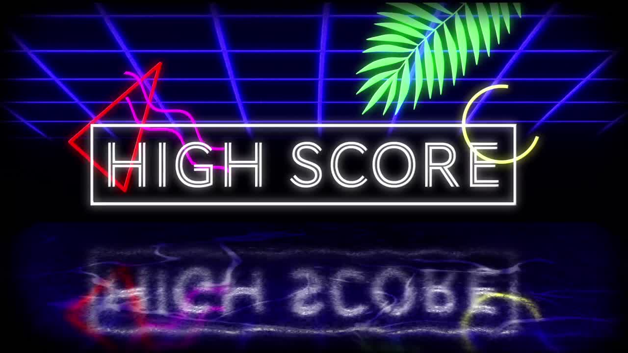 Schermata animata di videogioco vintage con la scritta tremolante 'High Score'.
