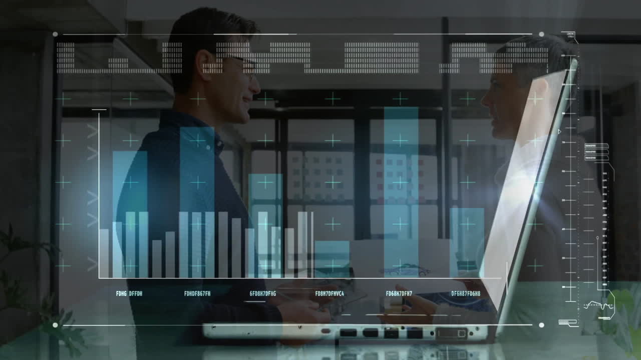 Two colleagues discussing business project in office, with animated data charts overlaying desk