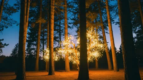 a magical tree illuminated by twinkling lights amidst tall pine trees at dusk, creating a serene and enchanting atmosphere in a quiet forest setting