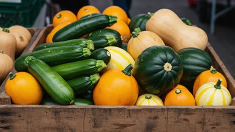 a vibrant display of freshly harvested vegetables in a wooden crate, showcasing a variety of zucchini, squash, and gourds at a local produce market