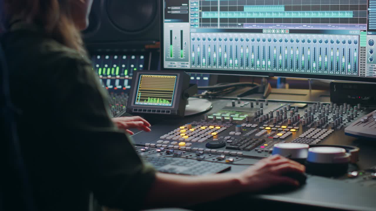 Beautiful, Stylish Female Audio Engineer and Producer Working in Music Recording Studio, Uses Mixing Board to Create Cool Song. Creative Girl Artist Musician Working. Back View Zoom in on Hands.