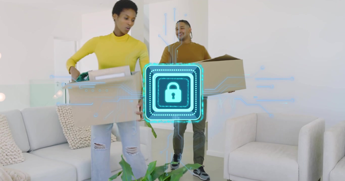 Couple entering home unpacking plant while activating digital lock overlay for smart home security