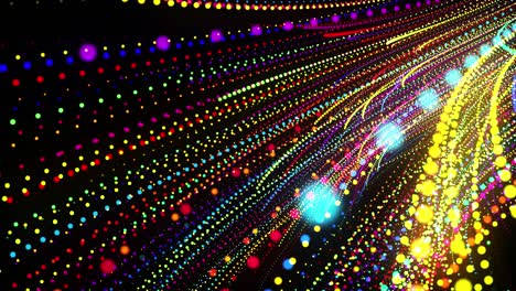 abstract 3d loop background with glowing particles lined up in a row along curved lines in 3d space. festive vj loop with multicolored particles and smooth animated camera. motion design background.