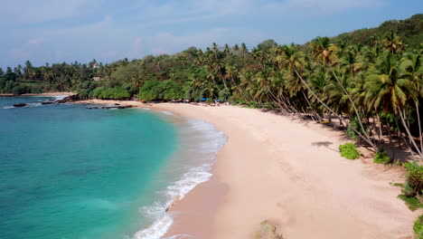 slow aerial push-in shot over a sandy tropical beach with palm trees and straw umbrellas near coastal villas at silent beach, sri lanka during midday.