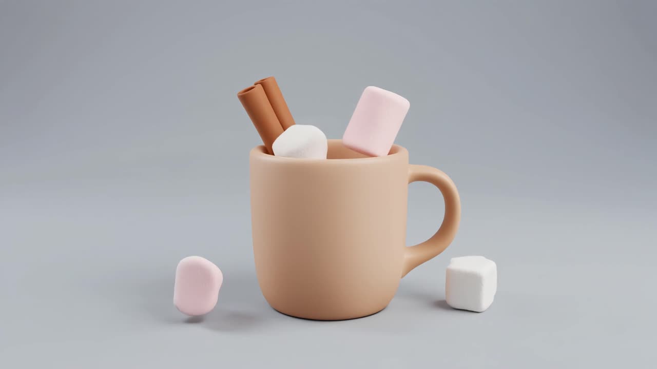 Marshmallow e bastoncini di cannella che cadono in una tazza beige
