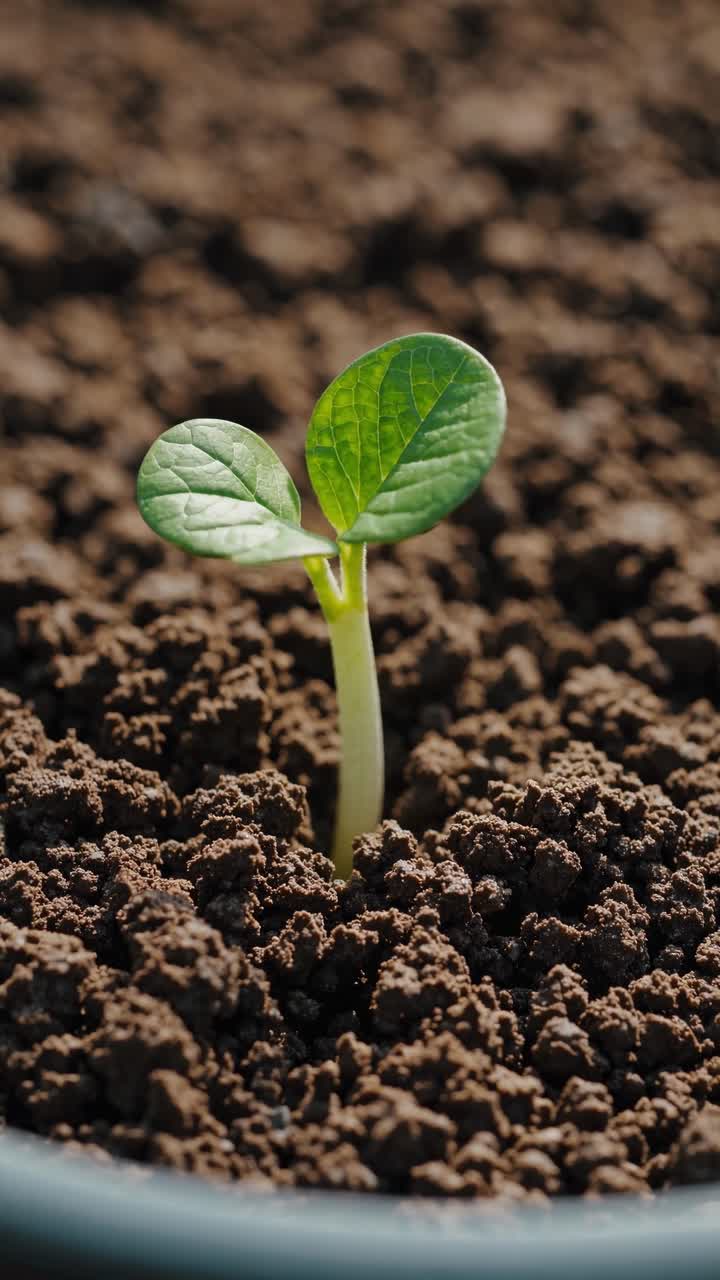 Close-up video of a small green sprout emerging from rich soil, captured from a low angle