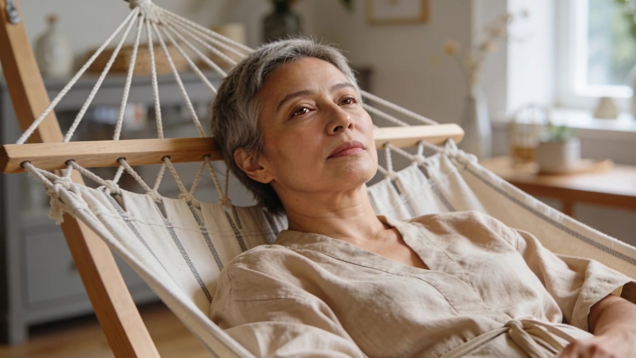 Opening eyes, senior woman in linen resting in hammock at home looking toward window, light drawing