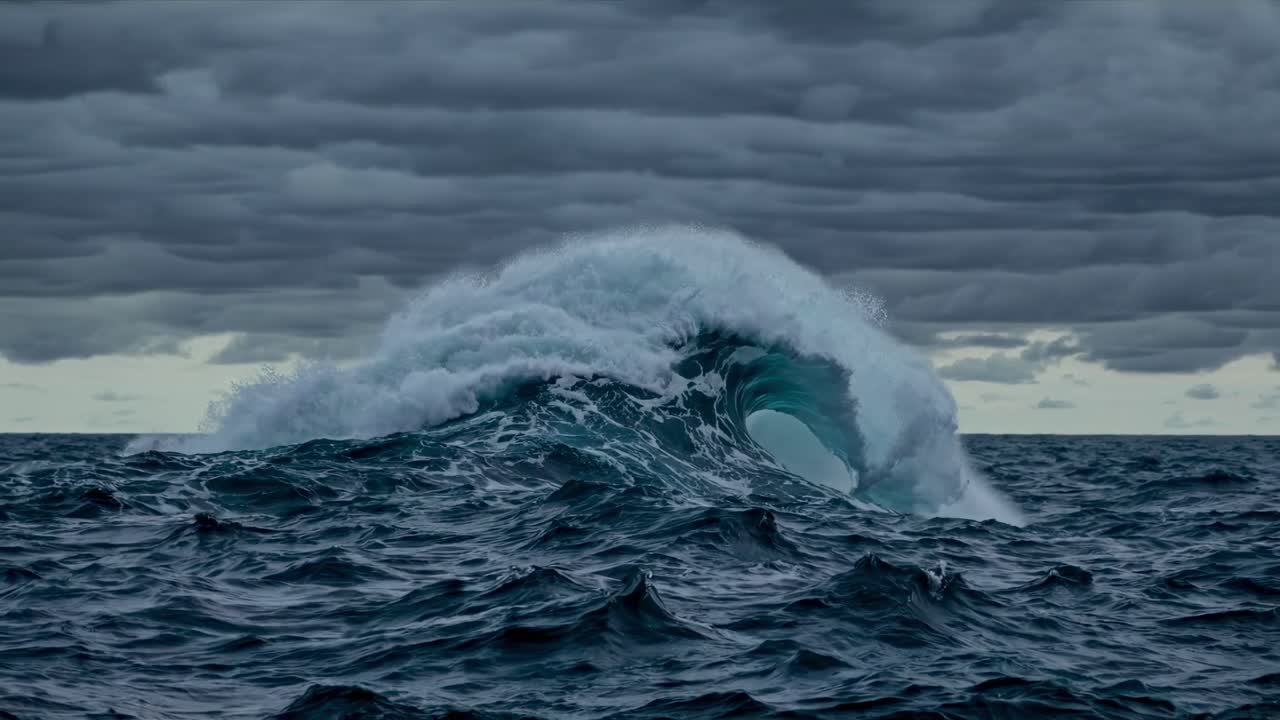Dramatic ocean wave captured from a low-angle, emphasizing its power
