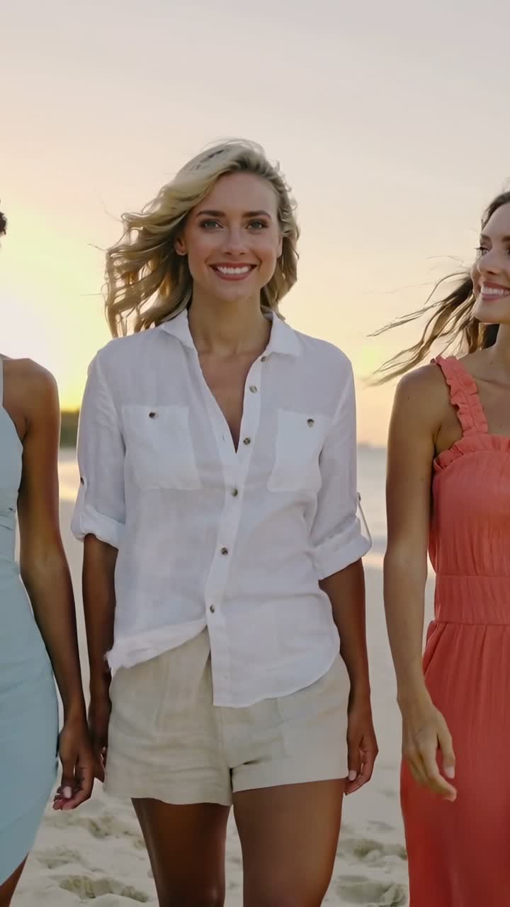 Vertikal video: Gående trio ved solnedgang, den midterste i hvid skjorte og beige shorts, slentrer langs stranden.