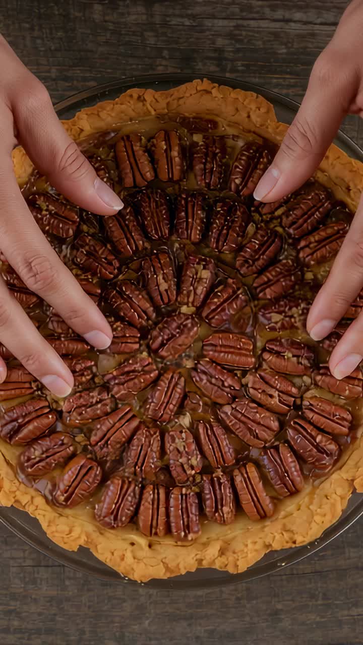Vertical video: Hovering hands pressing pecans into pie in glass dish on dark table, aligning rings