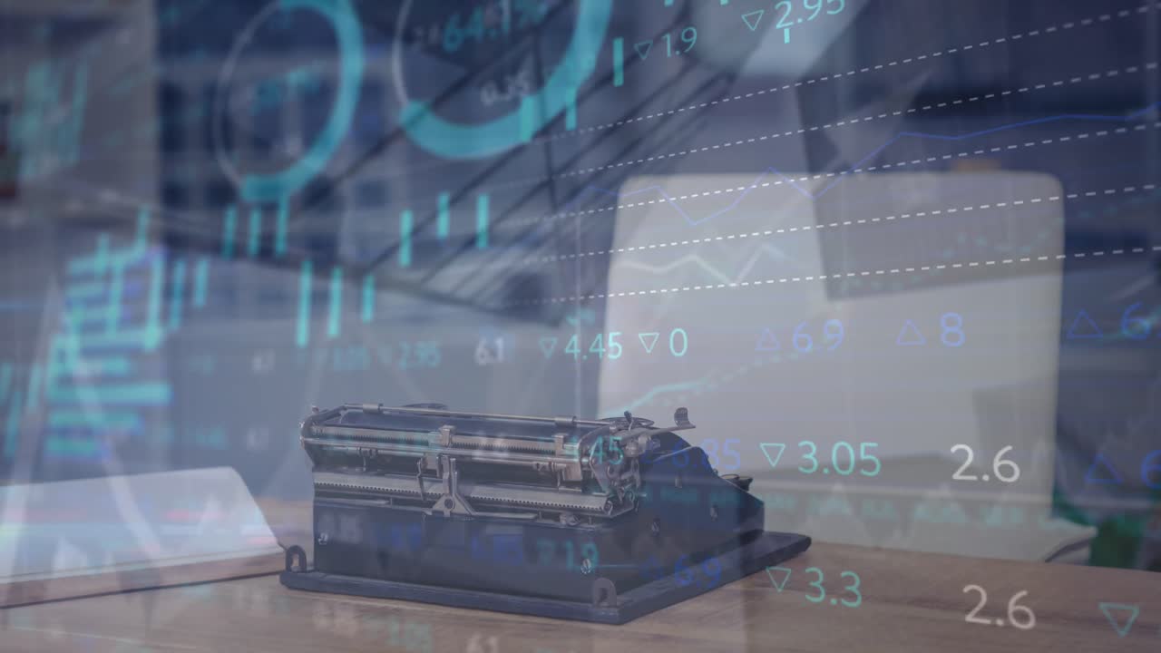 Animation of statistics and financial data processing over typewriter on desk in office