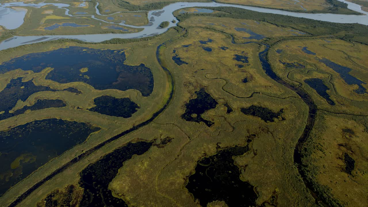Aerial View of Massive Wetlands in Scenic Landscape of Alaska USA. Flying Above Swamp in Alaskan Wilderness