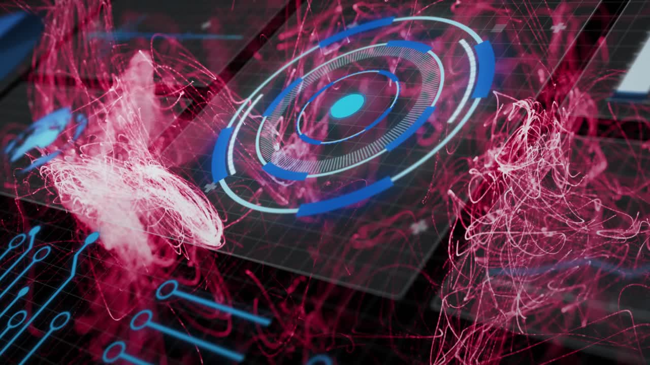 HUD ring appearing, magenta filaments rising and wrapping around ring, showing interface startup