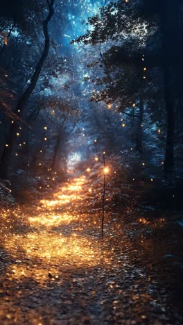 magical pathway illuminated by fireflies in a forest at night