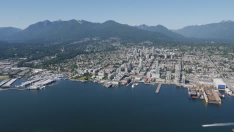 aerial shot of north vancouver, lonsdale and north shore mountains in summer