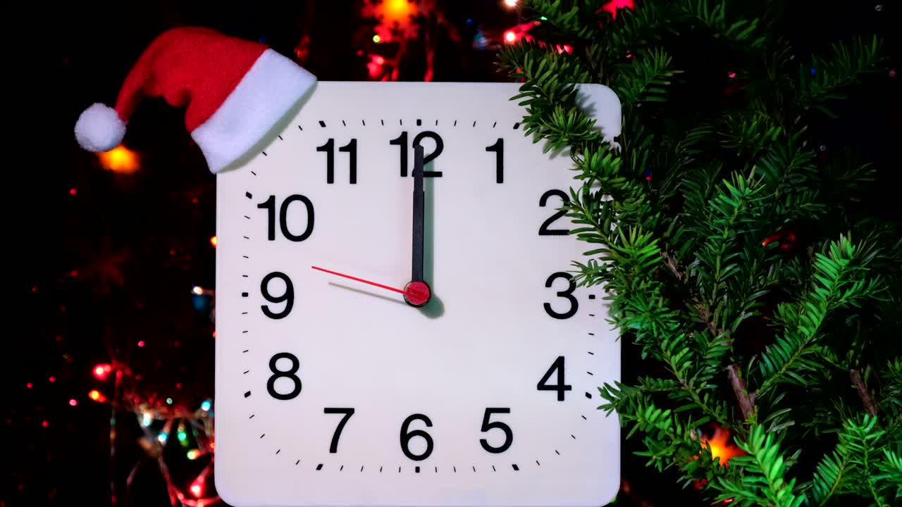 reloj en ramas de abeto de año nuevo en fondo negro. la manilla de segundos se mueve en círculo de reloj mecánico y muestra las doce en punto a medianoche y víspera de navidad. concepto de vacaciones, lapso de tiempo, primer plano, primer plano