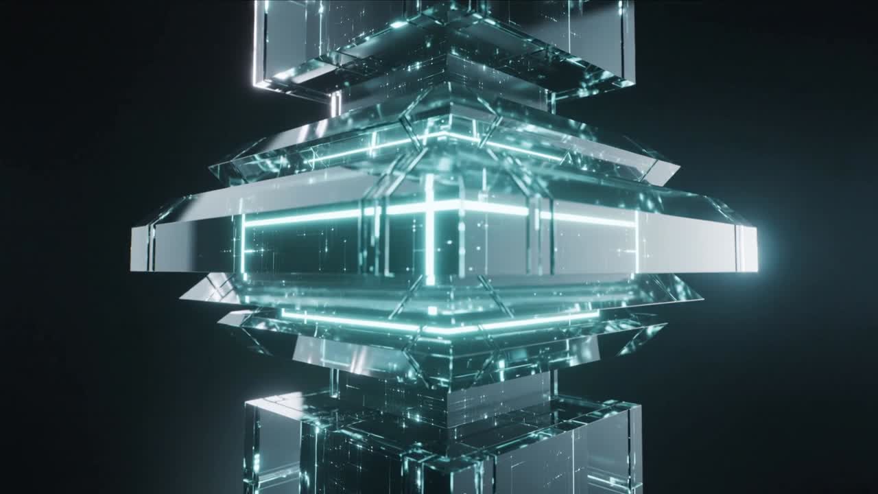 Rotating glass pillar turning on axis in dark void, camera zooming revealing cyan edges, particles