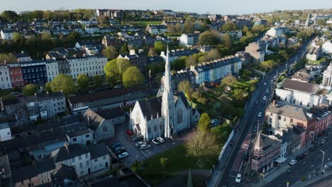 trinity presbyterian church mccurtain street cork city ireland aerial view 4k