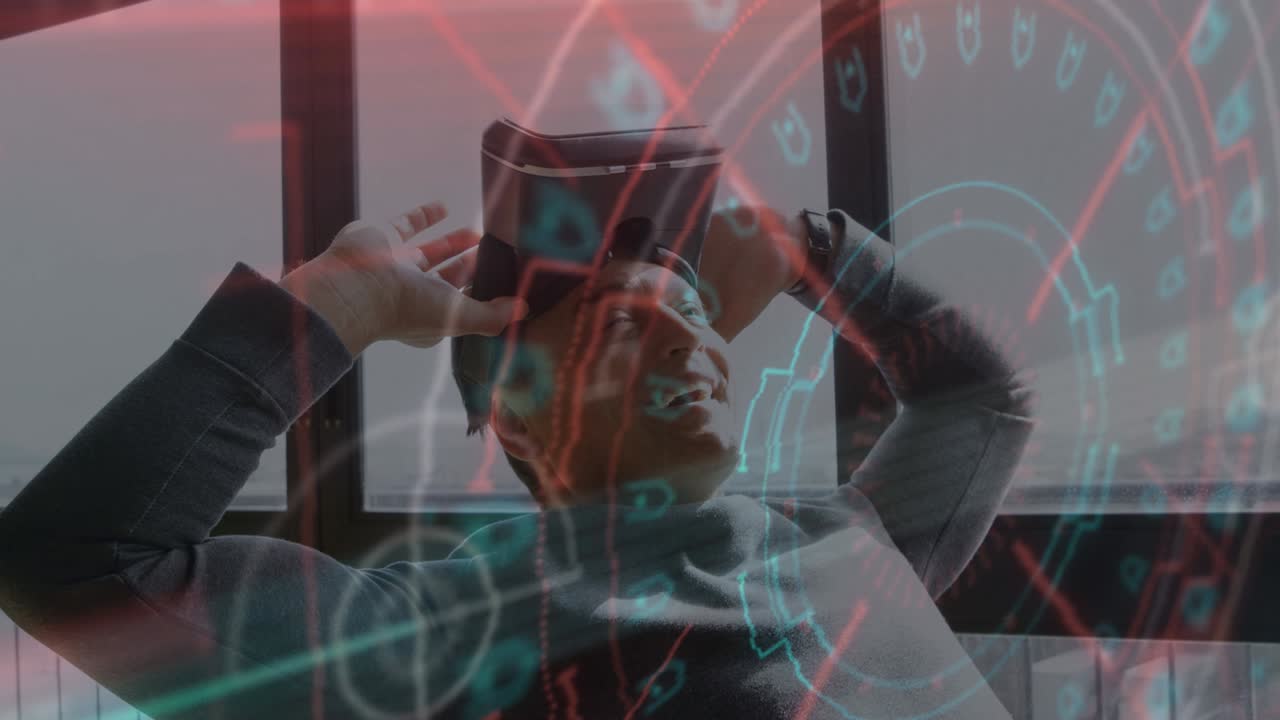 스 ⁇  스캔과 데이터 처리의 애니메이션 vr 헤드 ⁇ 을 착용한 사람