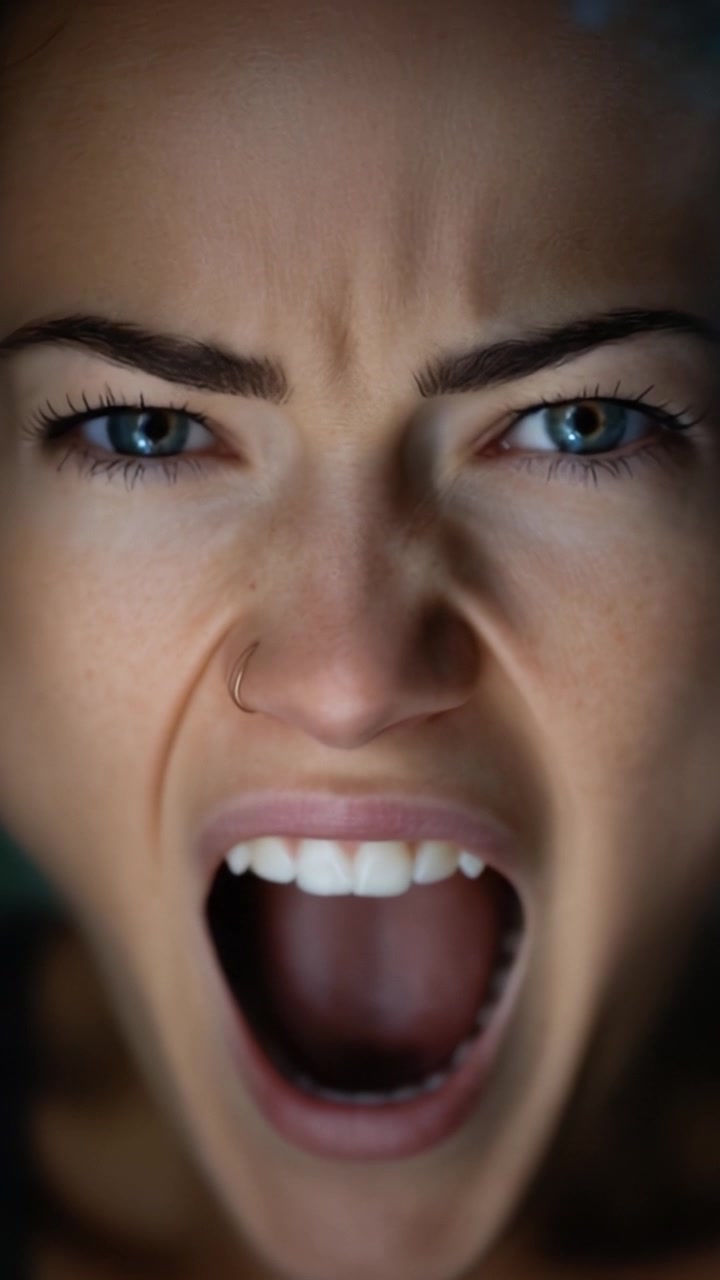 Primo Piano Intensamente Espressivo di una Donna che Urla con Emozione, Catturando Sentimenti Puri Attraverso Tratti Facciali Marcati e un Contatto Visivo Intenso