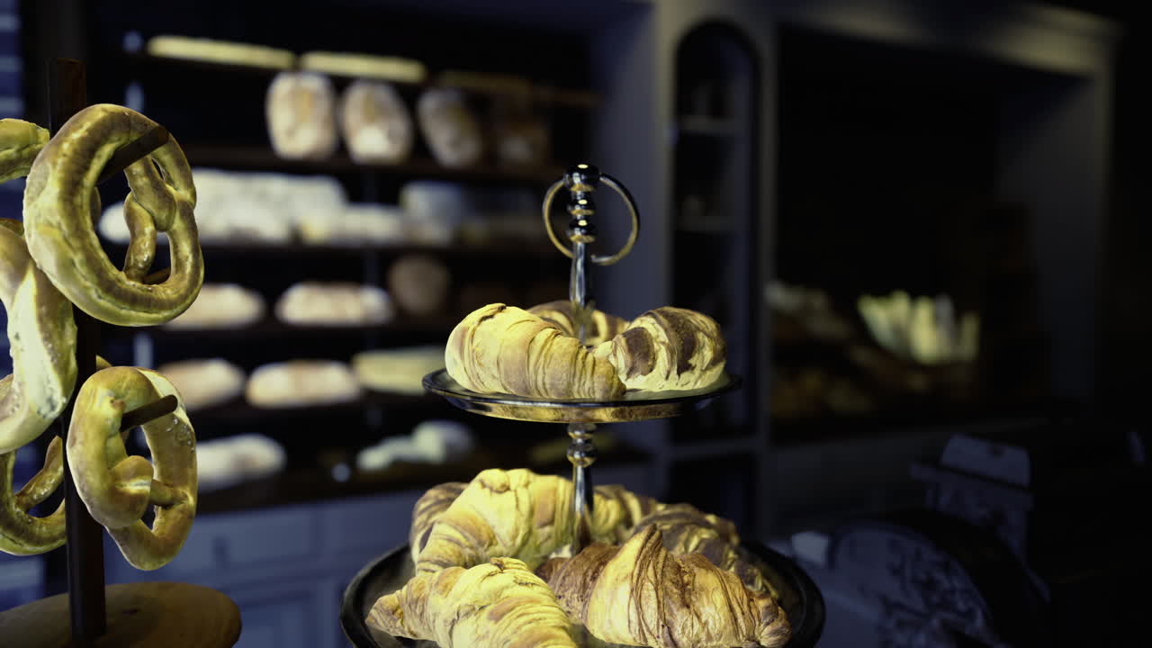 Display of freshly baked pastries in a cozy bakery setting