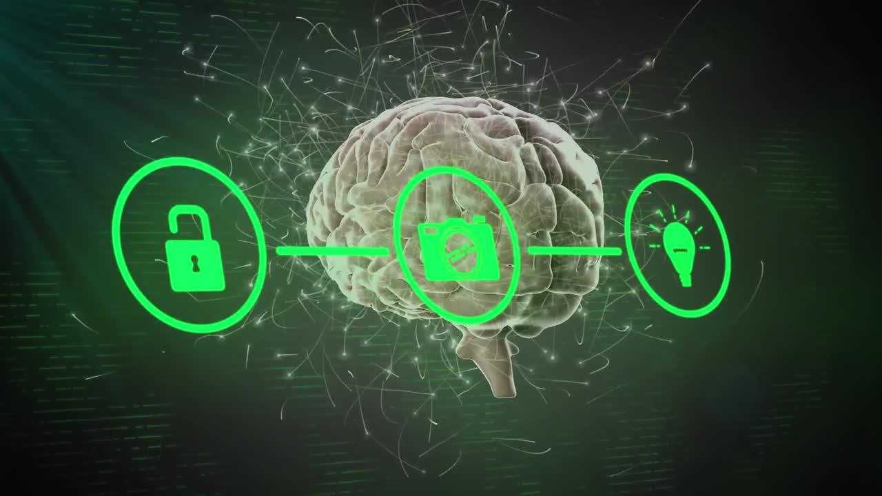 animación de iconos con procesamiento de datos sobre el cerebro humano.