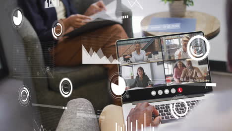 animation of data processing over diverse colleagues having video call in office