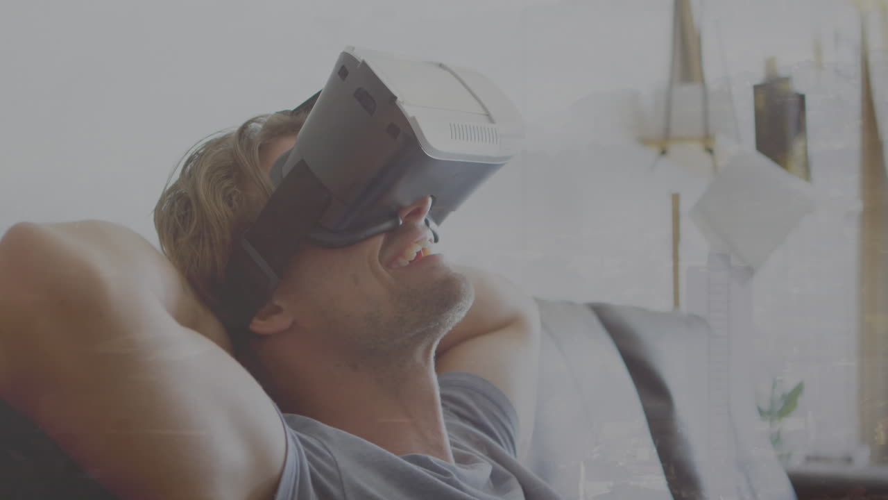 Animation of financial data processing over caucasian man using vr headset