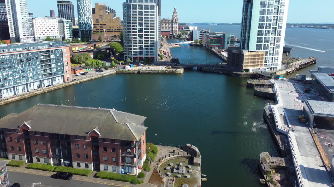 Aerial drone view of city and port of Liverpool United Kingdom