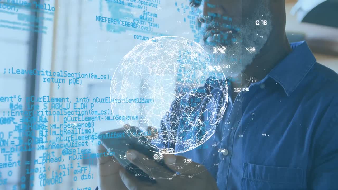 Animation of data and connections over hands of senior african american man using smartphone