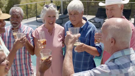 Happy-diverse-senior-friends-drinking-a-toast-at-sunny-garden-party,-unaltered,-in-slow-motion