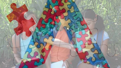 Animation-of-colourful-puzzle-pieces-over-kids-friends-using-electronic-devices