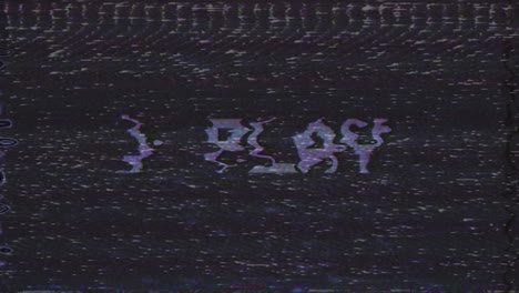 old damaged vhs tape playing with play text message on screen, retro technology background