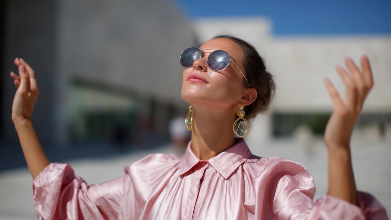 Donna elegante che indossa occhiali da sole e una camicia rosa, che si gode il sole con un'espressione serena, irradiando sicurezza ed eleganza in un vivace ambiente esterno.