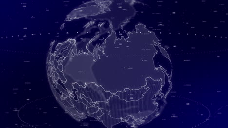 a cinematic video background showcases a digital globe rotating, zooming in on russia country