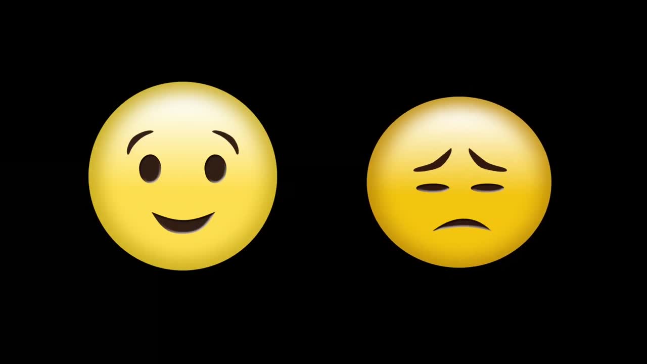 Animace ikon šťastných a smutných emotikonů emoji na černém pozadí