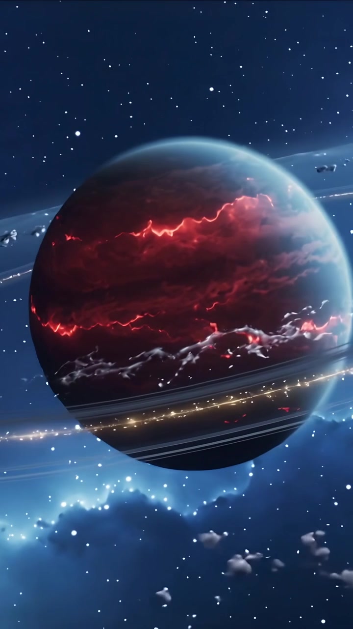 Vertikal video: Skiftende kamera viser ringplanet rotere i rummet, scanner røde sprækkenebula.