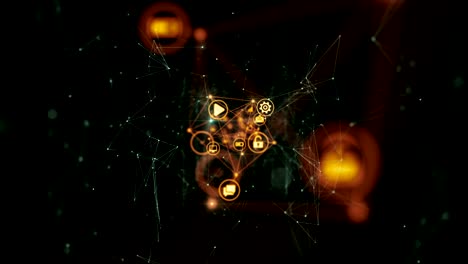 icons flying in abstract space connected with global network with lights. beautiful looped 3d animation. digital technology and information concept.