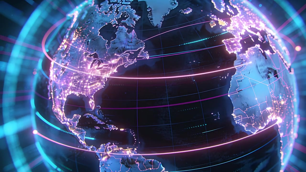 Rotating 3D globe starting on North America in space, pulsing nodes and neon rings visualizing data