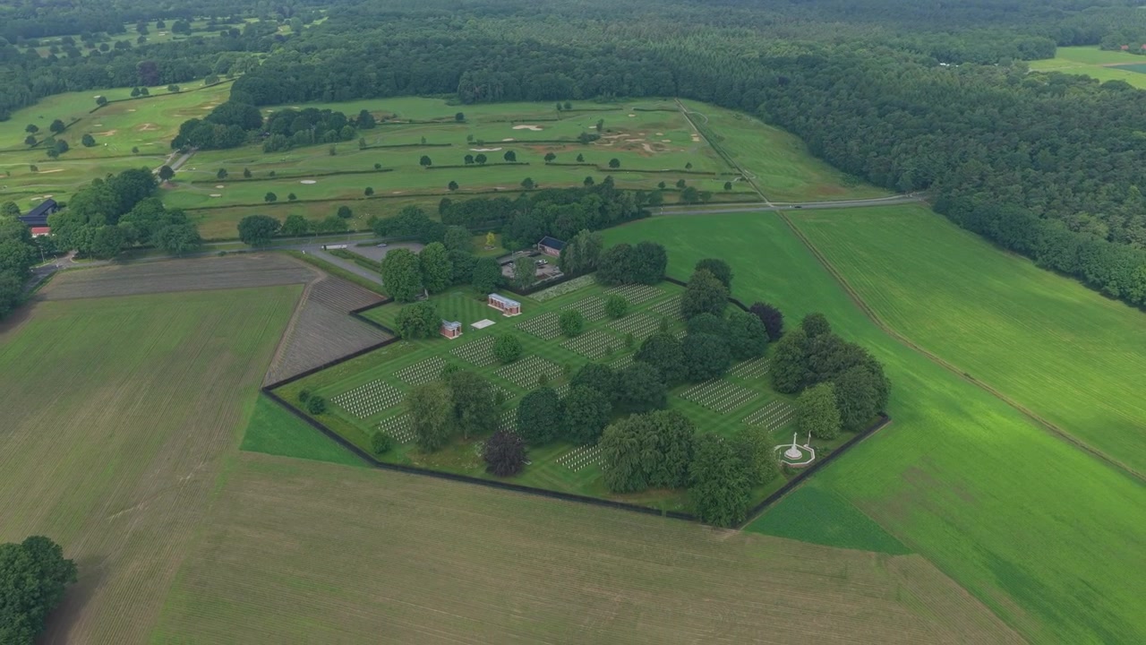 Groesbeek canadian war cemetery aerial view showing the peaceful countryside