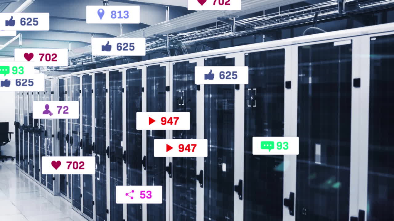 디지털 아이콘의 애니메이션과 컴퓨터 서버를 통한 데이터 처리