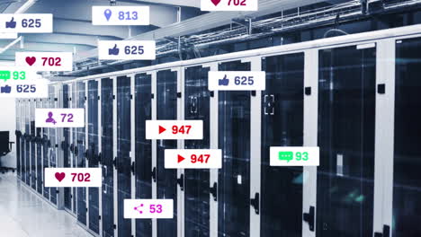 animación de iconos digitales y procesamiento de datos a través de servidores informáticos