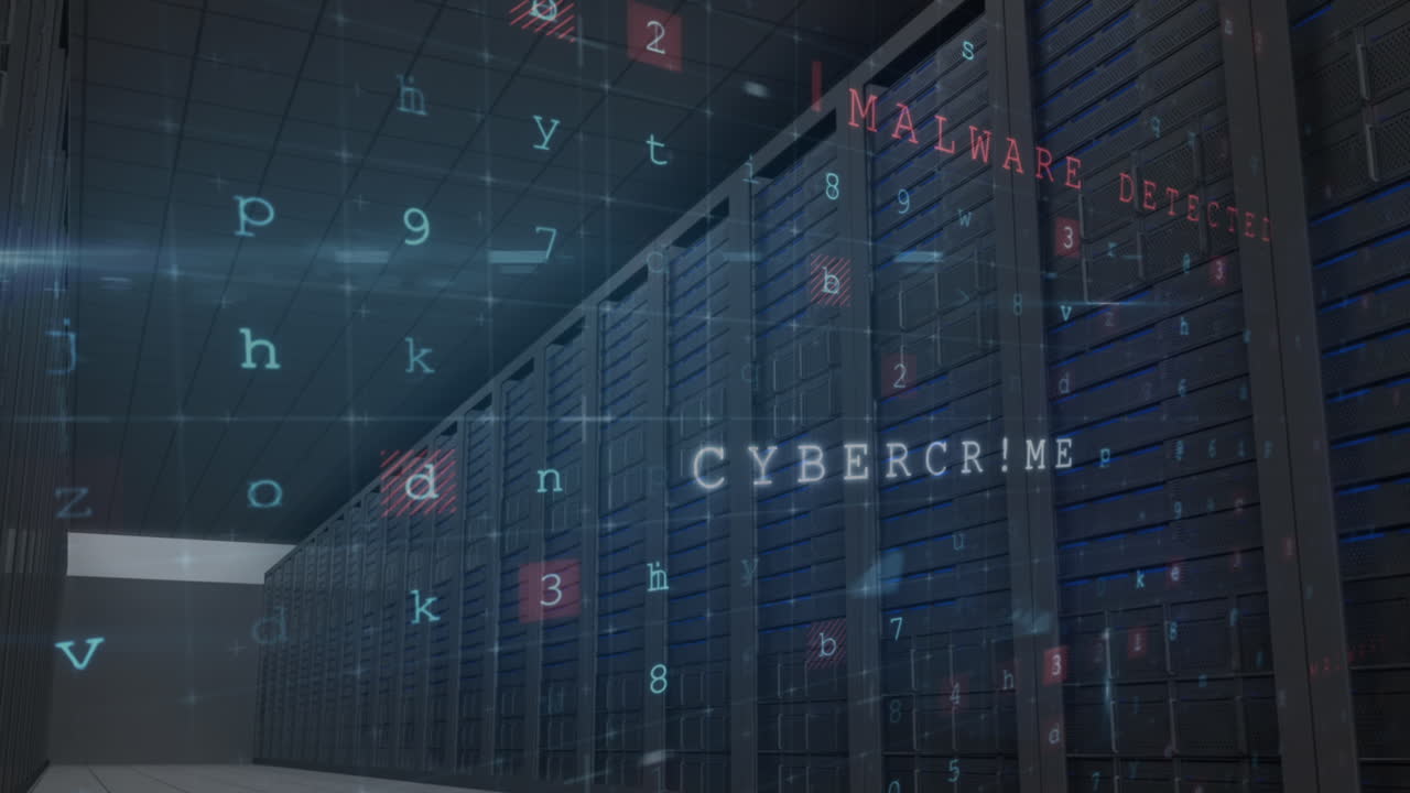 animación de advertencia de ataque cibernético con letras y números sobre la sala del servidor