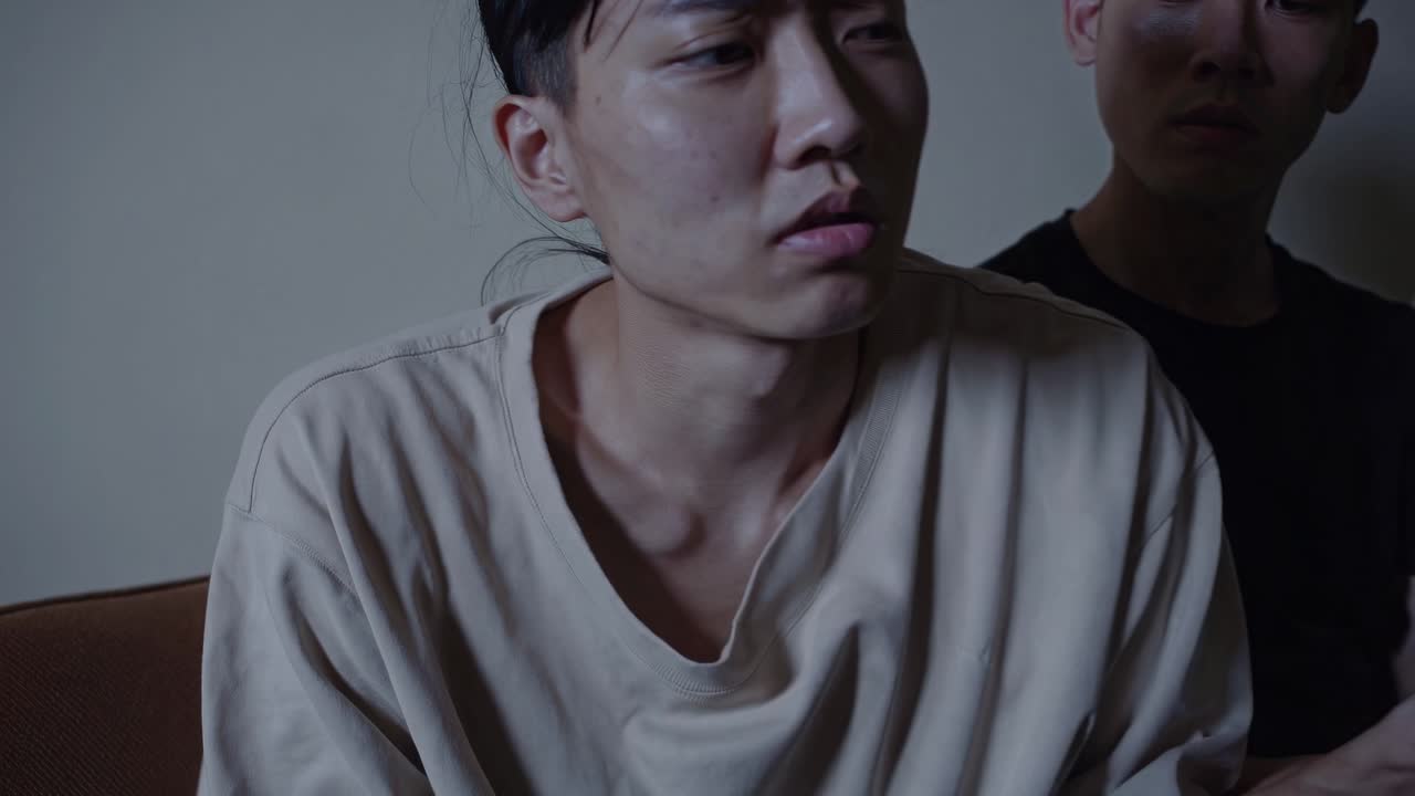 젊은 친구들이 슬픈 스마트폰 콘텐츠를 보면서 격렬한 감정적 순간을 경험하고, 희미하게 조명된 실내 환경에서 공유 된 불안과 우려를 나타니다.