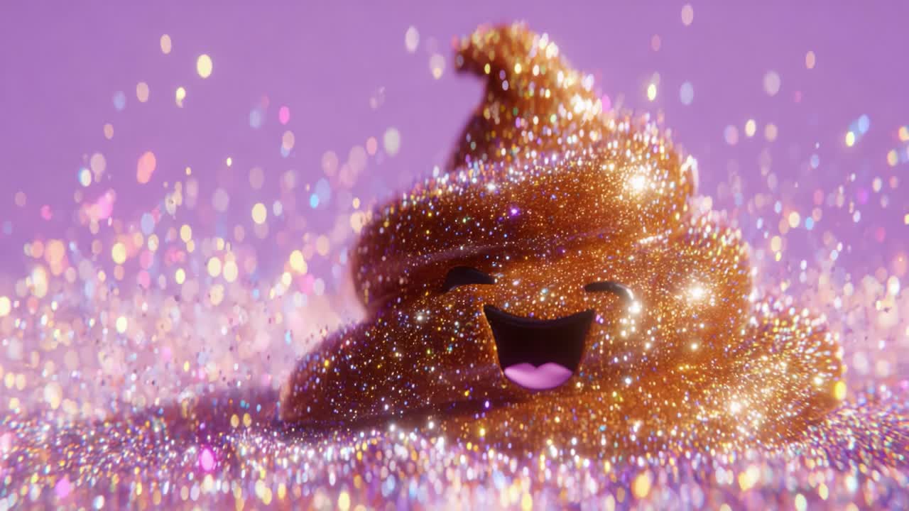 A whimsical and sparkling animated character resembling a playful pile of glittery poop, celebrating joy and fun with vibrant colors against a cheerful purple background