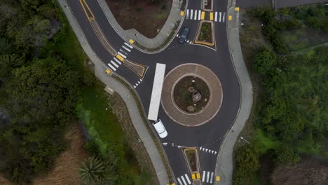 aerial view of a semi truck in a roundabout