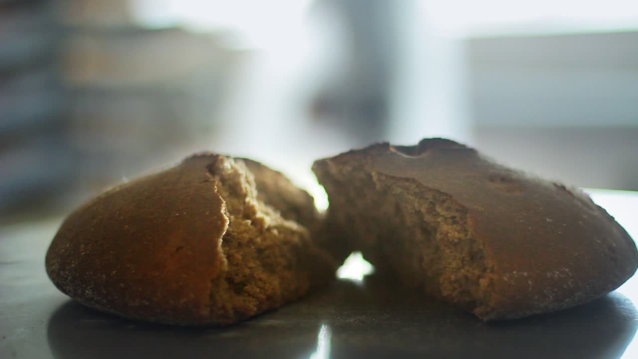 Hot bakery bread brown. Food industry. Baked bread on food factory background